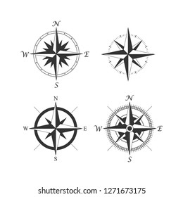 Old compass vintage style black vector set. Wind rose compass retro design icon set.