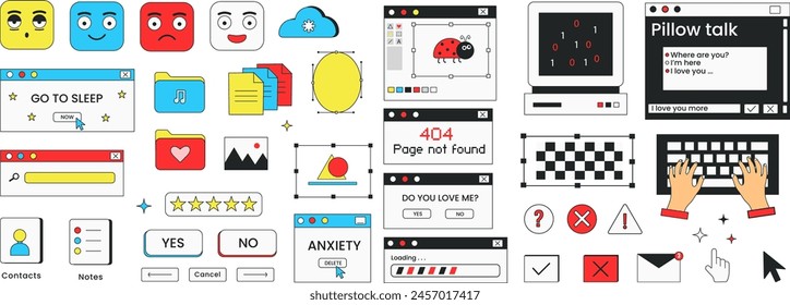 Old computer aestethic elements. Nostalgia for 1990s -2000s. Vector illustration. Retro pc user interface in trendy y2k style	
