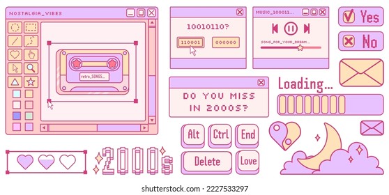 Old computer aestethic. Kawaii retro pc elements, user interface, operating system, windows, icons in trendy y2k retro style.Vector illustrations.