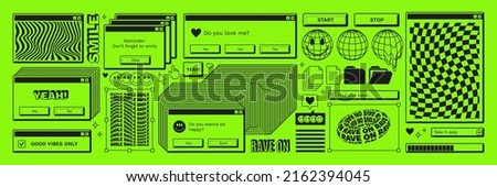 Old computer aestethic. Retro pc elements, user interface, operating system, windows, icons, smile in trendy y2k rave retro style. Sticker pack of retro pc illustrations. Nostalgia for 1990s -2000s.