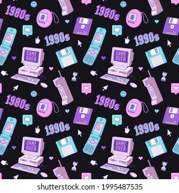 Old computer aestethic. Seamless pattern with retro pc elements and technology illustration in trendy retrowave style. Nostalgia for 1980s -1990s.