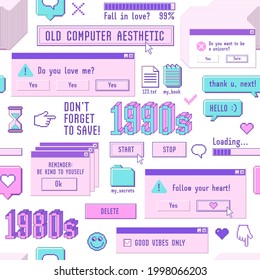 Old computer aestethic. Seamless pattern with retro pc elements, user interface and technology illustration in trendy retrowave style. Nostalgia for 1980s -1990s.