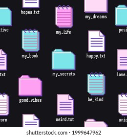 Old computer aestethic. Seamless pattern with retro pc elements, user interface and technology illustration in trendy retrowave style. Nostalgia for 1980s -1990s.