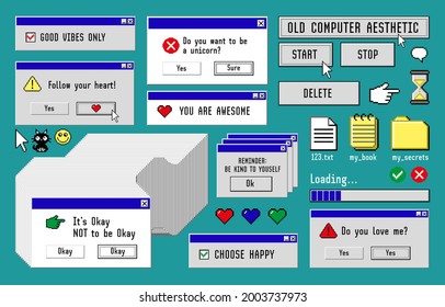 Old computer aestethic. Set with retro pc elements, user interface, icons and technology illustrations. Nostalgia for 1980s -1990s.
