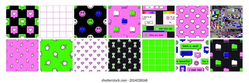 Old computer aestethic. Set of seamless patterns with retro pc elements, user interface and technology illustration in trendy retrowave style. Pixel art. Nostalgia for 1980s -1990s.