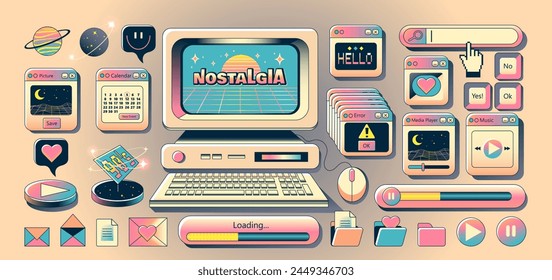 Vieja estética informática. Elementos de pc estilo vaporwave, interfaz de usuario, UI, , planet, ventanas de diálogo, iconos en estilo retro y2k de moda. Ilustraciones vectoriales. Nostalgia de los años 90-2000.	