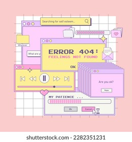 Old computer aesthetic. Cute nostalgic 90s retro post template. Ui elements vector set. Illustration of vintage abstract interface.Vector illustration
