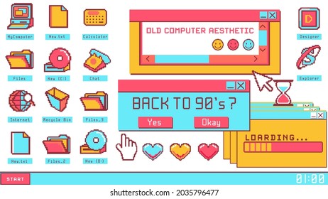 Old computer aesthetic illustration, nostalgia pixel window. Retro style desktop. Colorful user interface.