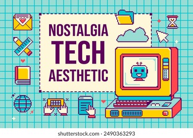 Vieja estética informática. Nostalgia Píxel escritorio estilo arte con iconos. Interfaz de ventana de PC retro con espacio de copia. Plantilla: marco para el mensaje.