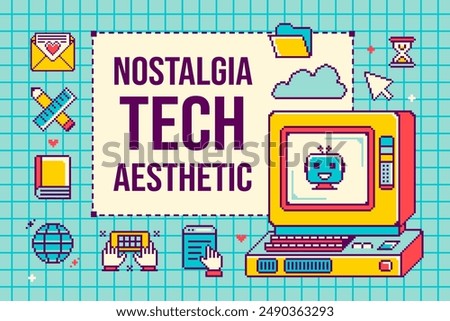 Old computer aesthetic. Nostalgia Pixel art style desktop with icons. Retro PC window interface with copy space. Template- frame for message.