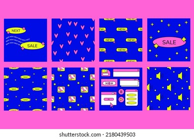 Old computer aesthetic. Old pc window set. 1990 vibe. Icons and seamless patterns