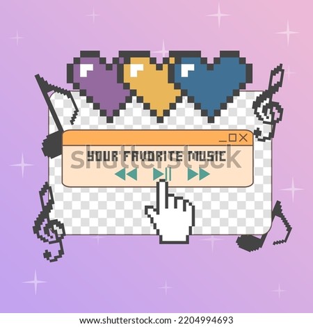 Old computer aesthetic. Retro pc elements.Your favorite music. Player. Notes, hearts pixel and cursor