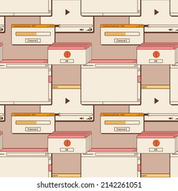 Old computer aesthetic seamless pattern. Retro screen panel with user interface elements. Message windows with buttons, dialog box and error. 1980s 1990s nostalgia background. Vector illustration.
