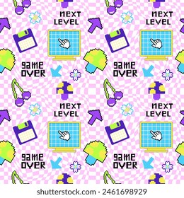 Old computer aesthetic seamless pattern. Nostalgia pixel window. Vivid 80s -90s style retro user interface and desktop illustration.