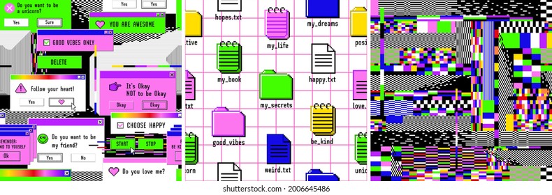 Old computer aesthetic. Set of seamless patterns with retro pc elements, user interface and technology illustration in trendy retrowave style. Pixel art. Nostalgia for 1980s -1990s.