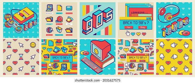 Old computer aesthetic square poster and seamless pattern. Sticker pack of retro computer elements. Nostalgia pixel window. 1980s -1990s style. Cool retrowave user interface and desktop illustration.
