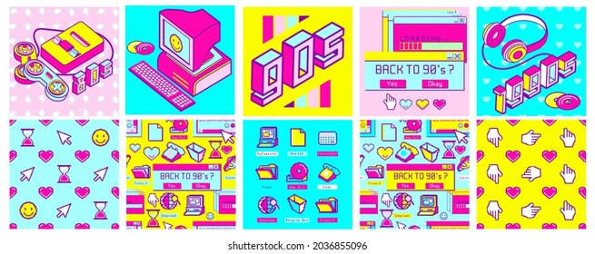 Old computer aesthetic square poster, vibrant seamless pattern. Sticker pack of retro computer elements. Nostalgia pixel window. Vivid 80s -90s style retro user interface and desktop illustration.