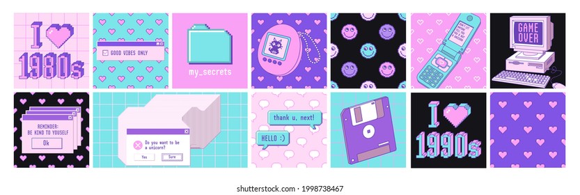 Old computer aesthetic. Sticker pack of retro pc elements. Big set of user interface elements and technology illustration in trendy retrowave style. Nostalgia for 1980s -1990s. Square posters.