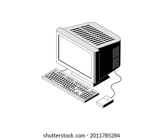 The Old Computer In Balck And White Isometric Graphic