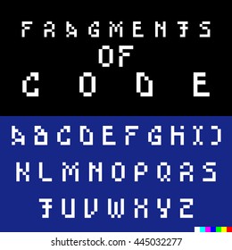 Old computer bitmap pixel font. Vector set of old-looking broken and hacked letters. English alphabet suitable to illustrate articles about hackers or technical issues on websites. White font on black