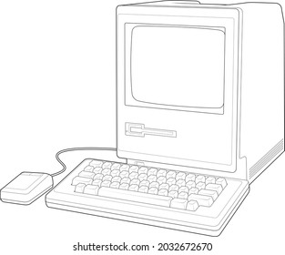 an old computer with black and white equipment. a linear drawing. computing machine