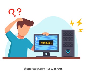 The Old Computer Is Broken. The System Unit Sparkles. Flat Vector Illustration Isolated On White Background.