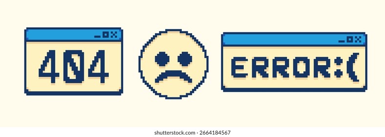 Old computer browser in 90s with 404 error pixel message boxes and popup user interface elements, Vector illustration of UI