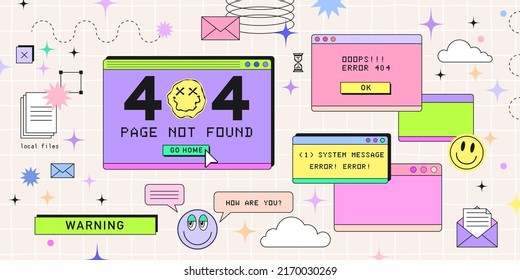 Old computer browser in 90s vaporwave style with smile face hipster stickers. Retrowave pc desktop with 404 error message boxes and popup user interface elements, Vector illustration of UI