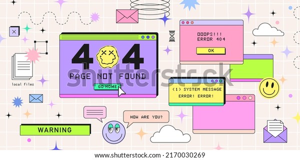 Old computer browser in 90s vaporwave style with smile\
face hipster stickers. Retrowave pc desktop with 404 error message\
boxes and popup user interface elements, Vector illustration of\
UI