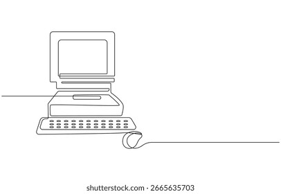 Antigo computador contínuo uma linha arte desenho, Computador clássico antigo sentado em uma mesa retro art deco.Retro Computador contínuo linha arte