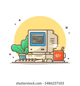 Old Computer Desktop with Hot Coffee and Plant Vector Icon Illustration.  Programmer's Desk with Codes on Monitor. Flat Cartoon Style Suitable for Web Landing Page, Banner, Flyer, Background.