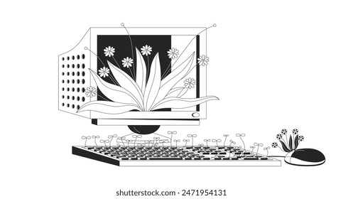 Old computer with growing plants black and white lofi wallpaper. Vintage electronic device 2D outline cartoon flat illustration. Retro pc station and fresh flora vector line lo fi aesthetic background