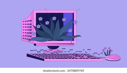 Old computer with growing plants lofi wallpaper. Vintage electronic device 2D cartoon flat illustration. Retro pc station and fresh flora chill vector art, lo fi aesthetic colorful background