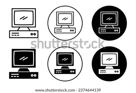 Old Computer icon. Vintage antique electronic computer desktop device symbol set. Old computer hardware display vector sign. Old pc screen line logo