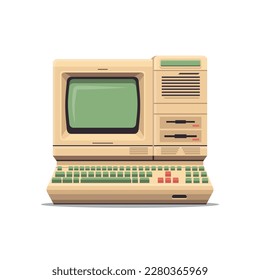 Old computer with a keyboard.
Vector illustration cartoon flat icon isolated on white background.