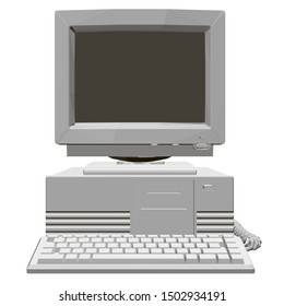 Old computer with a large monitor, system unit and keyboard. Polygonal retro computer. Front view. 3D. Vector illustration.