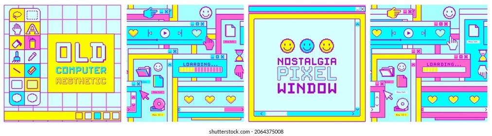 Old computer pixel window template for square social media posts, seamless patterns, frame for slogan. Nostalgia user interface with window boxes and folders. 