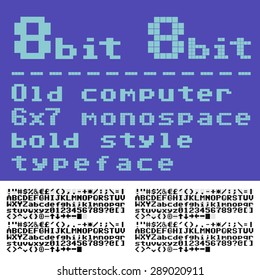 Old computer pixilate font. 6x7 pixels glyphs charset, bold style vector set.