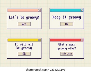 Old computer popup windows interface. Groovy slogans for social media in y2k message windows on a checkered paper background.