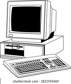 Old Computer, Retro, A 3d, CRT, LCD monitor and keyboard drawn with charcoal isolated on white, An old vintage/retro obsolete computer. A desktop CRT monitor, keyboard and mouse.