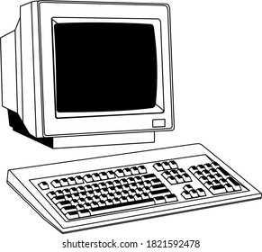 Old Computer, Retro, A 3d, CRT, LCD Monitor And Keyboard Drawn With Charcoal Isolated On White, An Old Vintage/retro Obsolete Computer. A Desktop CRT Monitor, Keyboard And Mouse.