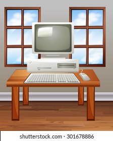 Old computer in room illustration