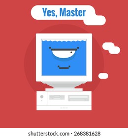 Old computer, servant sycophant - isolated flat vector illustration.