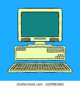 Old computer, system unit, monitor and keyboard. Front view. Vector hand drawing. Isolated object on a blue background. Isolate.