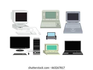 Old Computer Technology Vector Isolated. Telecommunication Equipment Old Vintage Pc Monitor Frame Modern Office Network