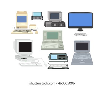 Old computer technology vector isolated. Telecommunication equipment old vintage pc monitor frame modern office network