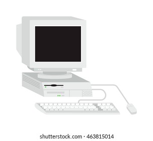 Old Computer Technology Vector Isolated. Telecommunication Equipment Old Vintage Pc Monitor Frame Modern Office Network