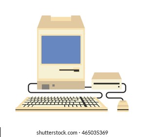 Old computer technology vector isolated. Telecommunication equipment old vintage pc monitor frame modern office network