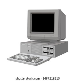 old computer unit with a monitor on a white background. Retro technology vector illustrations