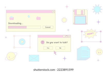 Alte Benutzeroberfläche des Computers, Stil der 90er bis 2000er Jahre, Retro-PC-Elemente, trendiger y2k ästhetischer Set, Fenster, Symbole und Symbole